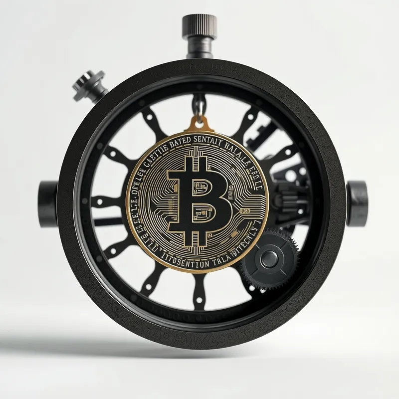 The Macro Gear: Bitcoin suspended in central bank machinery.