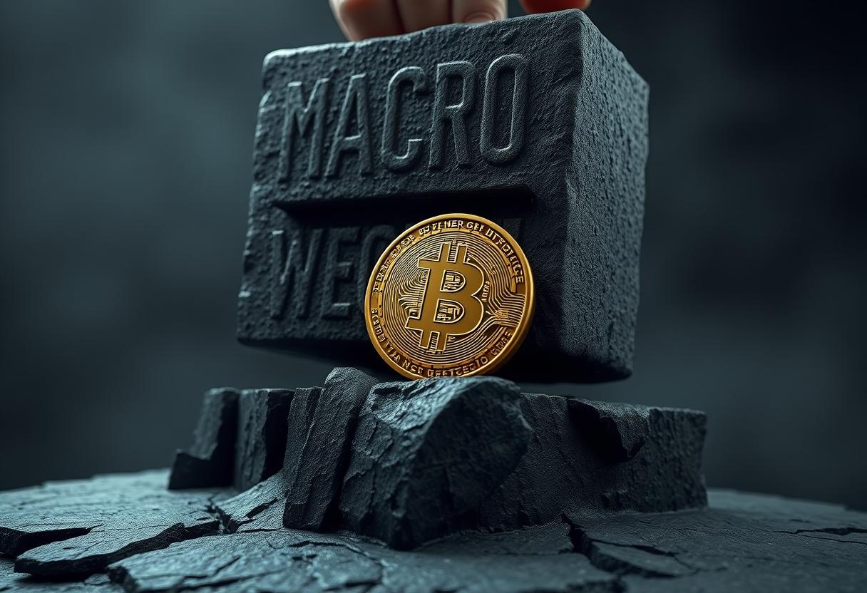 A lone digital asset endures immense pressure from global macroeconomic forces, teetering on critical support.