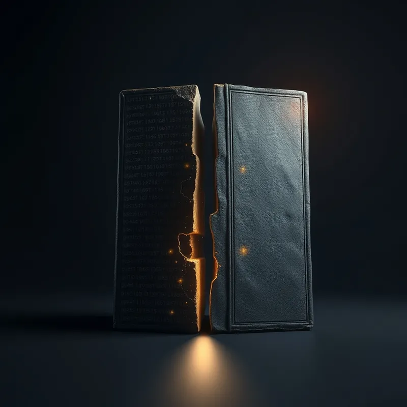 Fractured ledgers exposing structural flaws in modular design.
