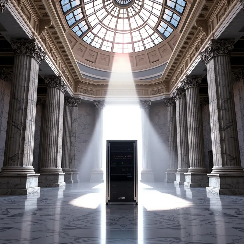 The Final Absorption: TradFi architecture enclosing crypto servers.